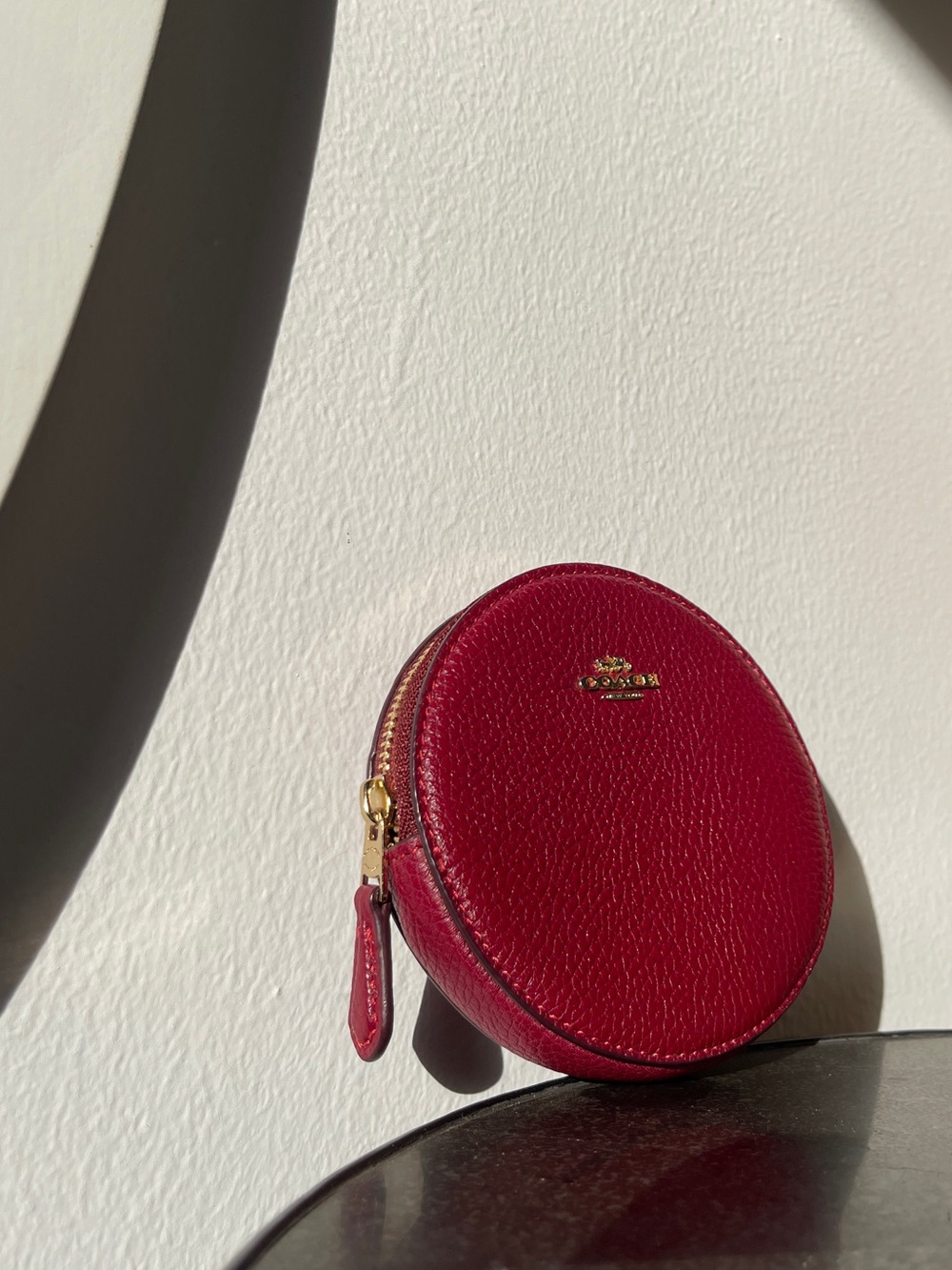 Coach Round Pebbled Leather Coin Pouch Case — Deep Red Gold Hardware